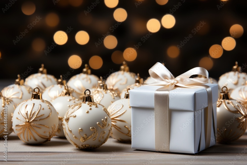 A white gift box sitting in front of a bunch of christmas ornaments. AI image. A white gift box sitting in front of a bunch of christmas ornaments. AI image.