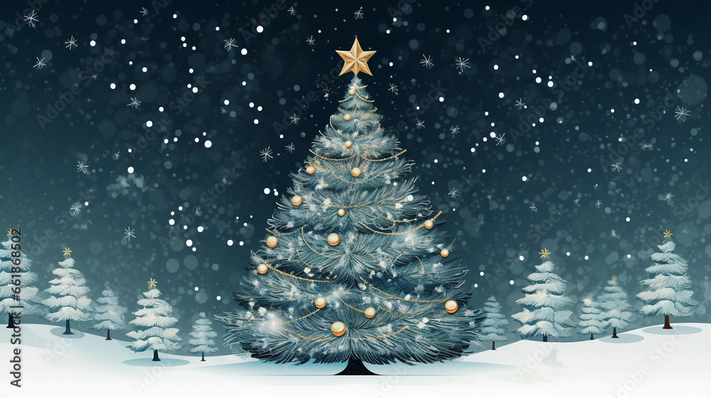 Christmas tree greeting card on snowy red background. Invitation for Christmas and New Year Christmas tree greeting card on snowy red background. Invitation for Christmas and New Year