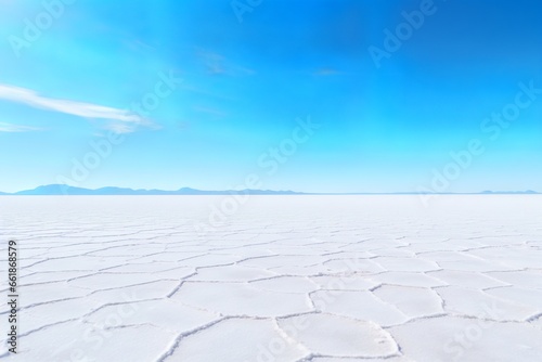 salt flat and montain against clear blue sky on sunlight