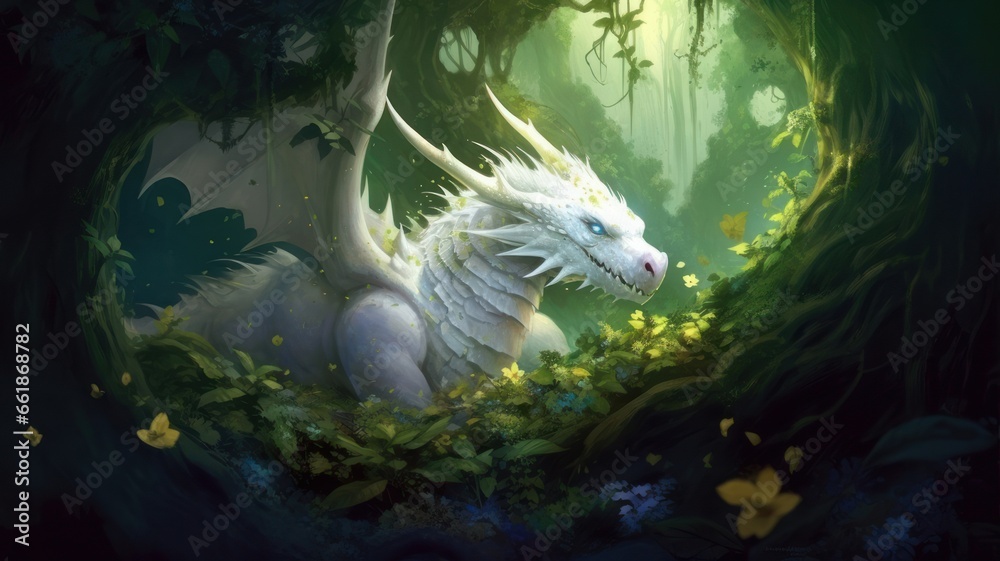 A large, white dragon is a symbol of the new year according to the eastern calendar in the forest. A large, white dragon is a symbol of the new year according to the eastern calendar in the forest.