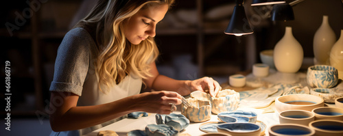 Young woman creating miniature ceramic works as a hobby photo