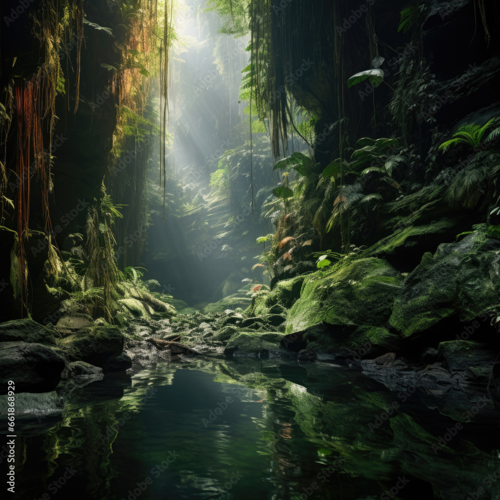 Landscape View Of One Beautiful beautiful Rainforest cave in green nature landscape Landscape View Of One Beautiful beautiful Rainforest cave in green nature landscape