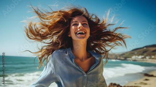 Une femme avec un visage souriant pendant son voyage au bord de mer. photo