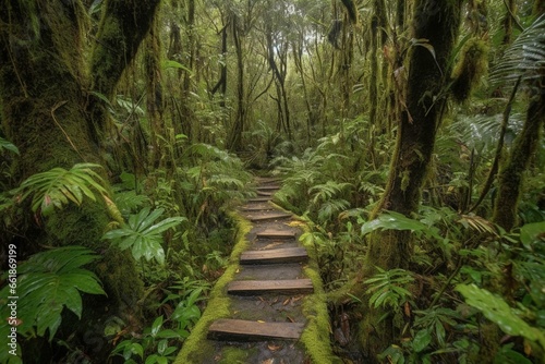 Tropical rainforest hiking trail in Amazon cloud forest, jungle path to Hola Vida waterfall, Puyo, Ecuador, South America. Generative AI photo