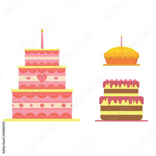 Set of cakes. Vector illustration. Strawberry cake icon in cartoon style isolated on white background