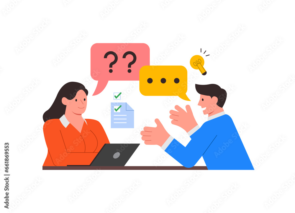 Job interview concept. Modern flat vector illustration of a woman talking to a man with a laptop. Vector illustration. Isolated in the background.