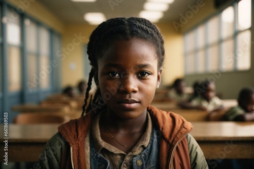 An african kid in school portrait - Happy child with serious expression  making eye contact with the camera.
