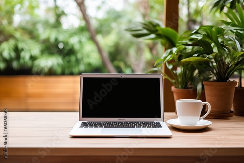 Wooden table with laptop black empty screen and a cup of coffee, tea. Green plants background.  © Denis