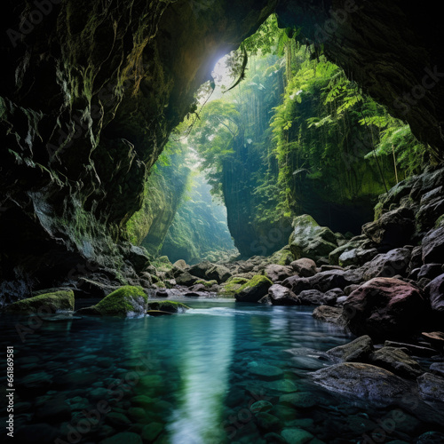 Landscape View Of One Beautiful beautiful Rainforest cave in green nature landscape