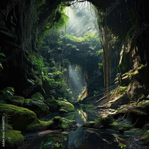 River flowing calmly inside a cave with an opening through which light enters and the lush vegetation of the rainforest