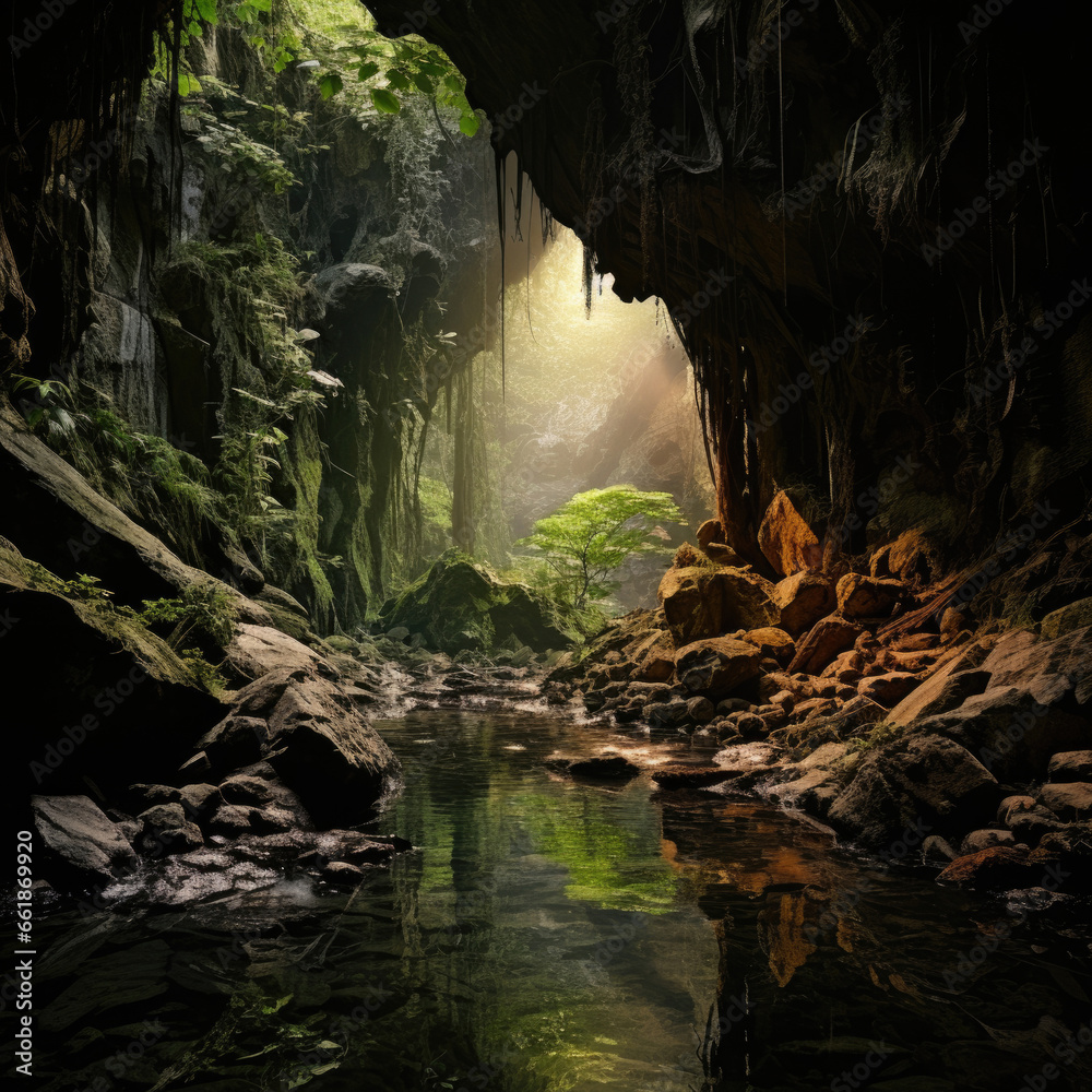 Fototapeta premium Large sinkhole of an underground cave in limestone rock covered with greenery