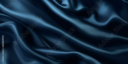 Dark blue ocean silk satin fabric wave or silk wavy folds generated by AI. 