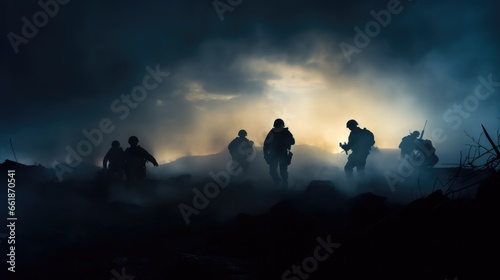 Military Silhouettes Fighting Scene on war Fog Sky © Fly Frames