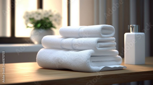 Stack of clean white towels in bathroom.
