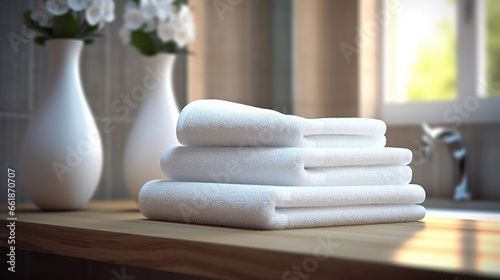 Stack of clean white towels in bathroom.