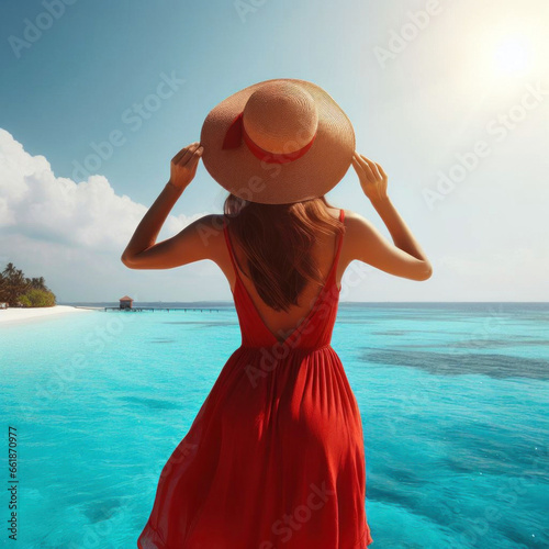 Back view of woman wearing red dress and hat admiring the blue sea Summer vacation concept