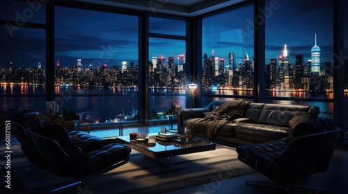 Modern style glossy black room night scene with city view © Fly Frames