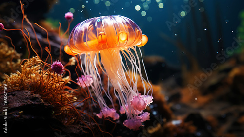 A photo of a bright, beautiful jellyfish swimming in the ocean. Generative AI