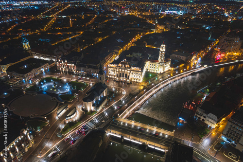 Oradea romania tourism aerial a stunning aerial view of a historic European city at night  showcasing its iconic attractions