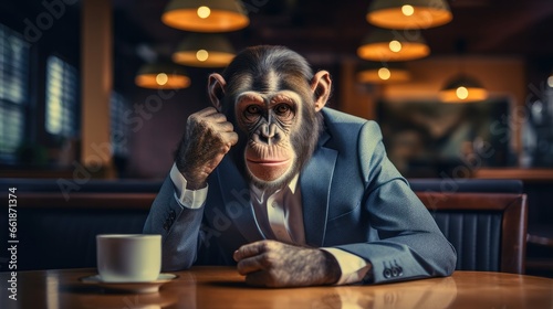 Monkey wearing a suit in restaurant