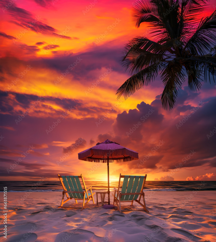 Two empty lounge chairs side by side at sandy beach during tropical sunset in the style of hyperrealism