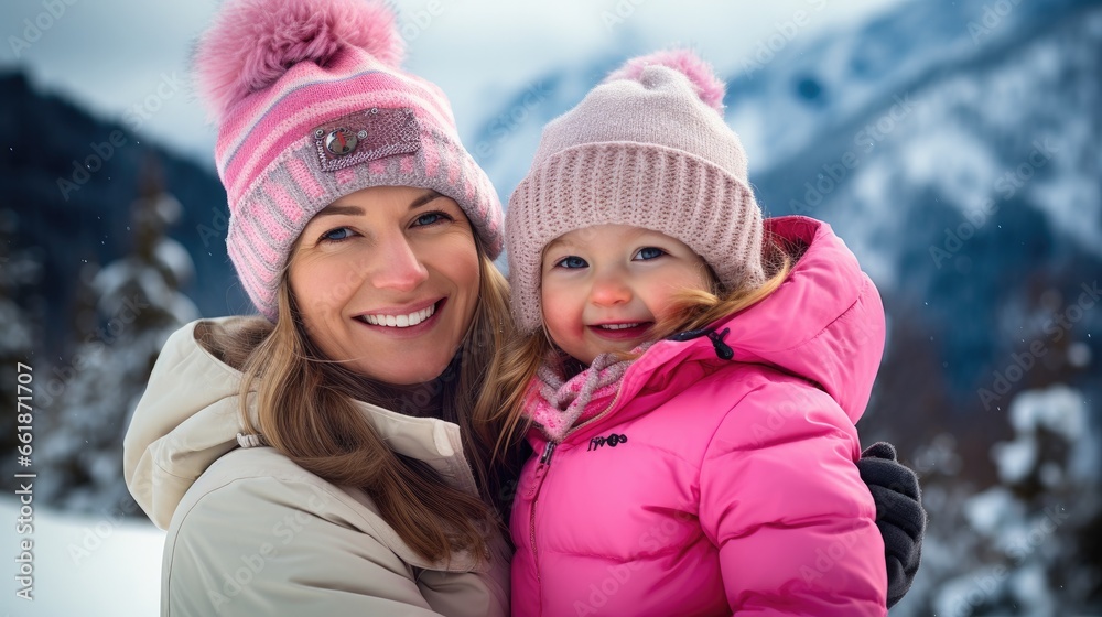 Mother with daughter smiling at a ski resort in pink winter clothes