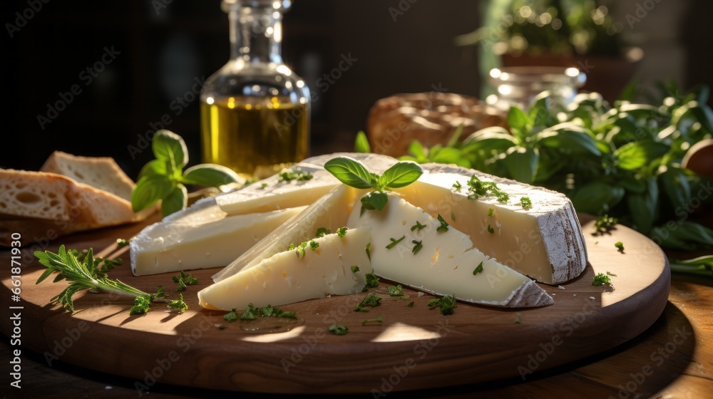 Italian cheese collection, matured pecorino romano hard cheese made from sheep melk, Italian pecorino cheese on a wooden rustic display - obrazy, fototapety, plakaty 