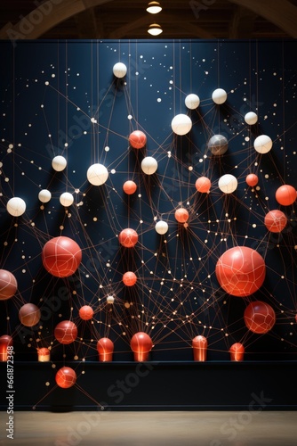 A display of red and white lanterns hanging from a ceiling. Space beauty.