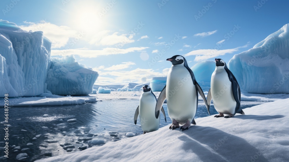 Obraz premium Penguins walking on ice