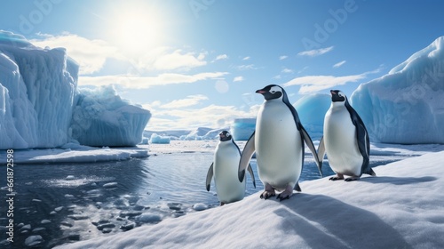 Penguins walking on ice