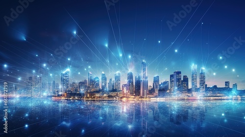 Smart city and abstract dot point connect with gradient line and aesthetic Intricate wave line design , big data connection technology concept .