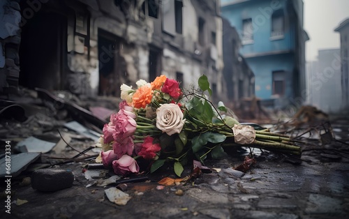 A bouquet of flowers lying on the ruins of a building in the city after a missile strike. Military conflict and great grief.