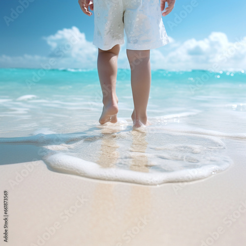 Feet of human baby in blue transparent ocean wave on white sand beach. AI generated