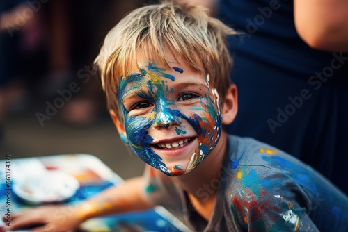 Kinder bemalen sich mit bunter Farbe. Fröhliche und beschmierte Kleinkinder beim Malen mit Tusche. Malfarben im Gesicht und auf der Kleidung. photo