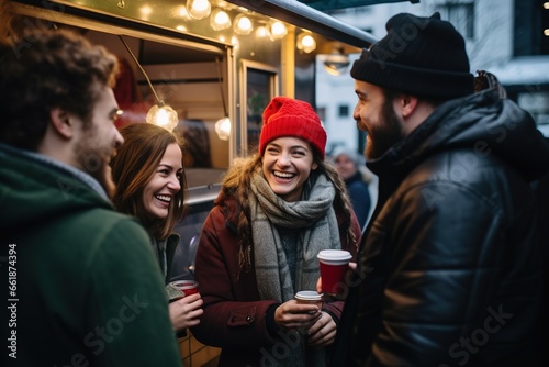 Freunde im Winter auf dem Weihnachtsmarkt oder beim Punschen. Kaffee trinken draußen nach der Arbeit. Freunde treffen  sich auf dem Markt im Winter an einem Foodtruck oder Punsch Stand.  photo