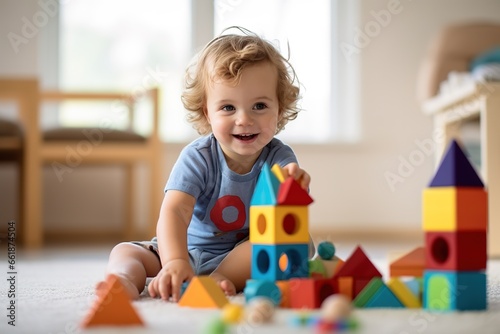 Kleinkind mit Baukötzen. Holzspielzeug für kleine Kinder im Kinderzimmer. Glückliches Kind beim spielen mit bunten Klötzen aus Holz. photo