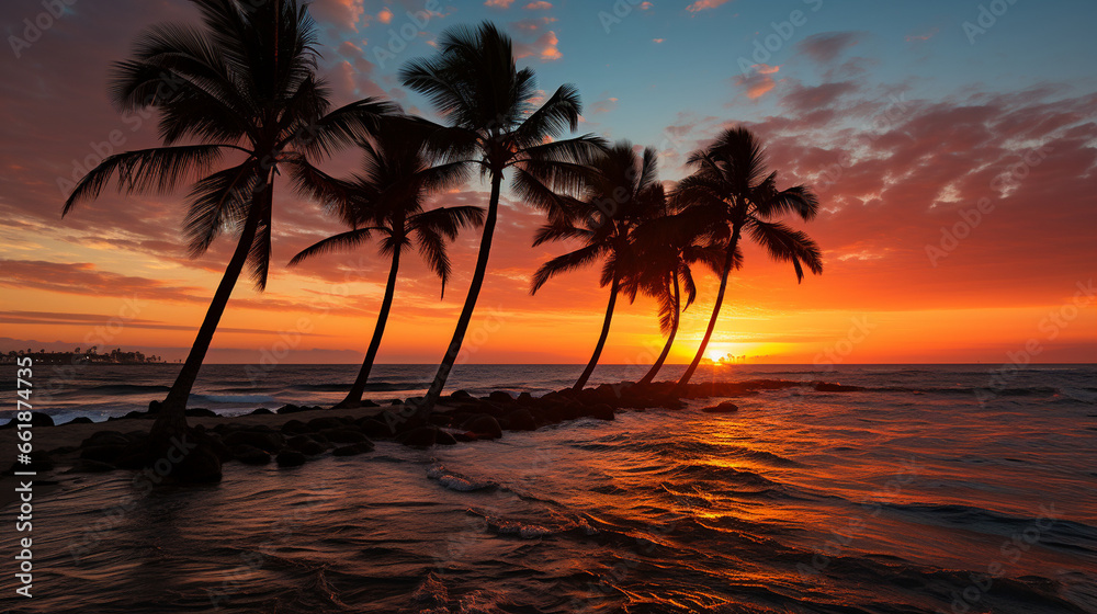 Beach Sunset: Silhouettes of palm trees against a backdrop of a vibrant, orange sunset over the ocean.
