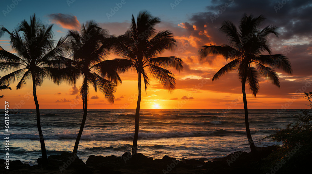 Beach Sunset: Silhouettes of palm trees against a backdrop of a vibrant, orange sunset over the ocean.