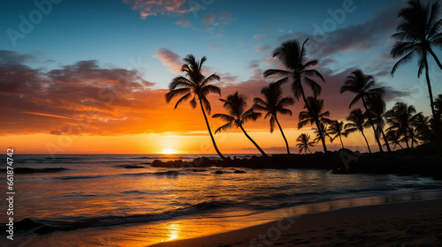Beach Sunset: Silhouettes of palm trees against a backdrop of a vibrant, orange sunset over the ocean. © Наталья Евтехова