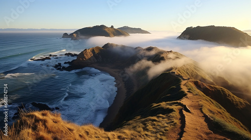 Mystical Sea Fog: Thick fog rolling over the ocean's surface, creating an otherworldly and mysterious scene. photo