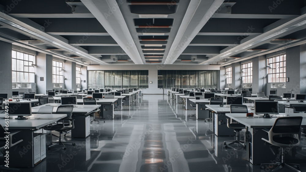 Naklejka premium a grey office with lots of tables and chairs in the style