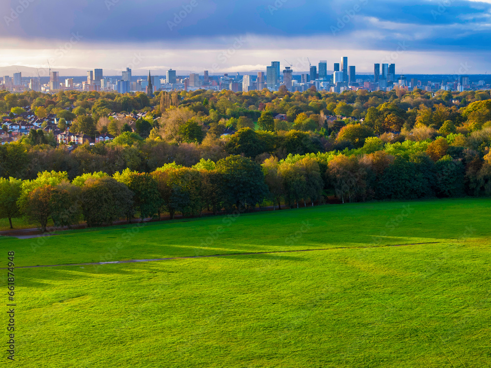 Manchester Skyline aerial photo taken from Heaton Park an early morning
