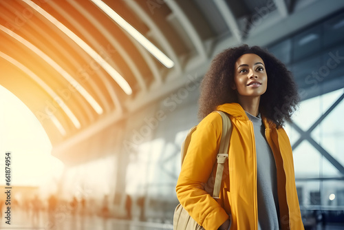 African American female traveler in yellow warm jacket and red hat at airport hall. Neural network generated image. Not based on any actual person or scene.