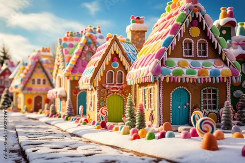 Photo of these gingerbread House Delights: Explore these whimsical and delectable gingerbread houses adorned with a delightful array of candies and intricate icing designs. Created with generative AI  © AI Visual Vault