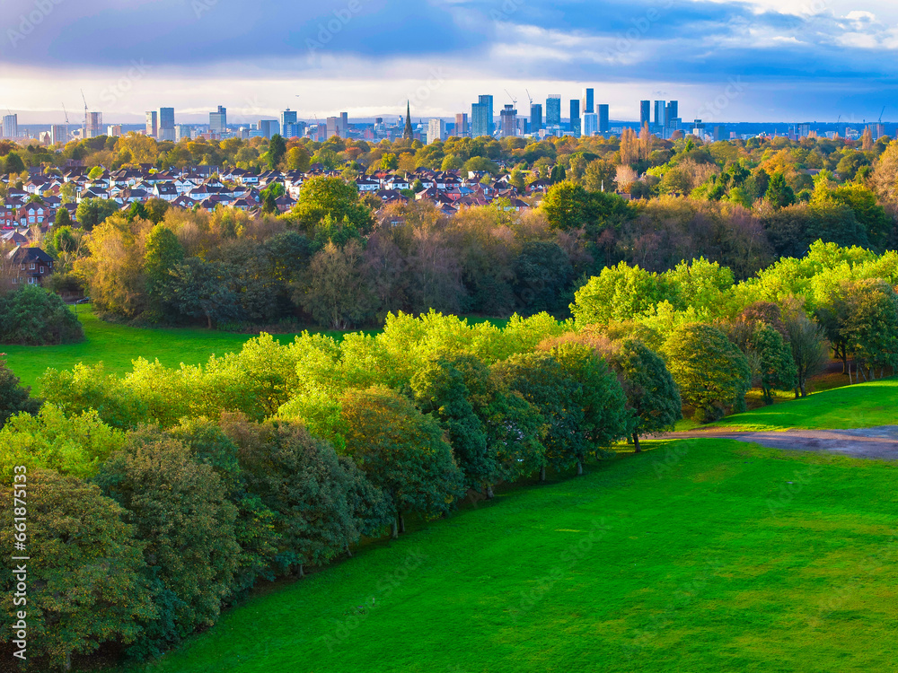 Manchester Skyline aerial photo taken from Heaton Park an early morning