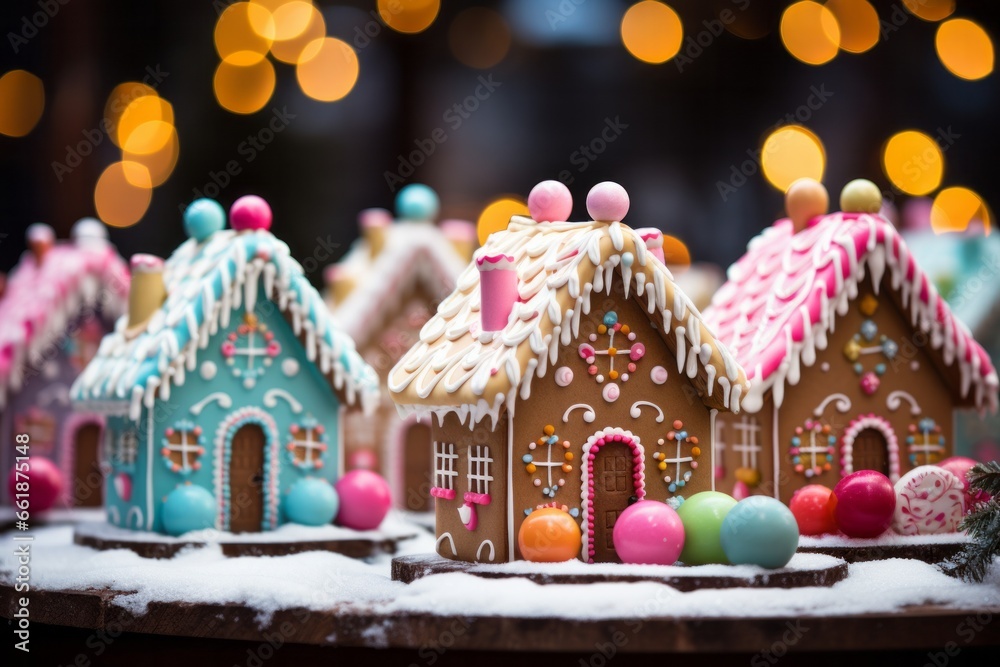 Photo of these gingerbread House Delights: Explore these whimsical and delectable gingerbread houses adorned with a delightful array of candies and intricate icing designs. Created with generative AI 
