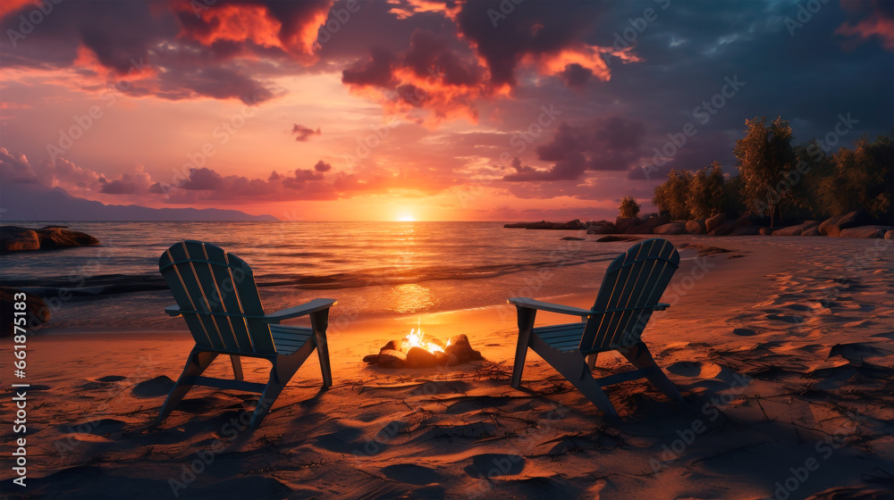 Two empty lounge chairs side by side in front of a bonfire at sandy beach during tropical sunset
