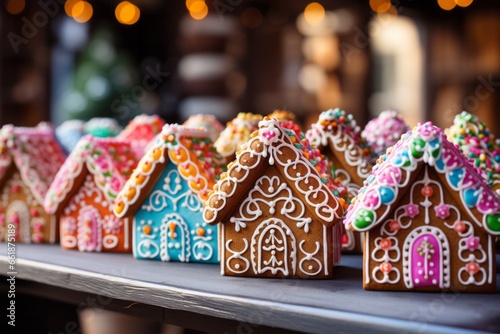 Photo of these gingerbread House Delights: Explore these whimsical and delectable gingerbread houses adorned with a delightful array of candies and intricate icing designs. Created with generative AI  © AI Visual Vault