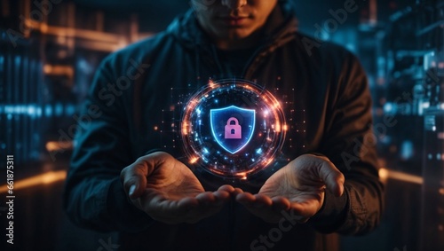 Person holding a cyber security lock logo, create a 3D rendering of a cyber security data protection system using advanced technology and privacy concepts