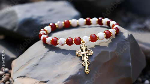 Natural stone jewelry bracelet. Lucky bracelet made of red white and black stone round with golden Christ cross or Jesus cross. Studio shot.